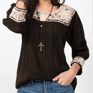Sister Mary Norma Top Boho Floral Embroidered Dark Coffee & Cream Women’s Sz XS